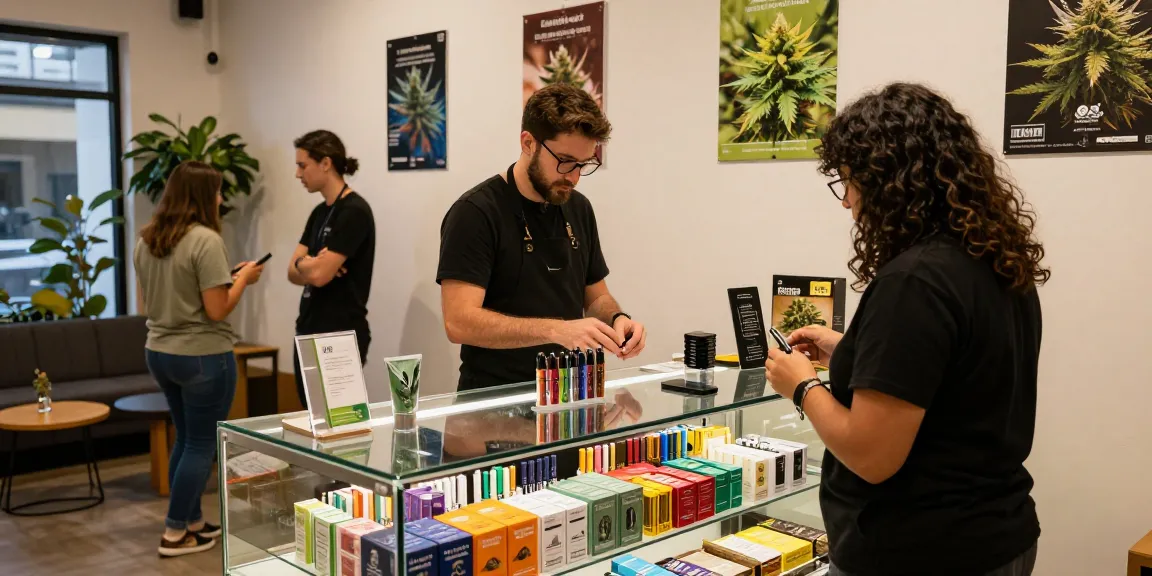 A customer exploring muha med products in a modern cannabis dispensary.