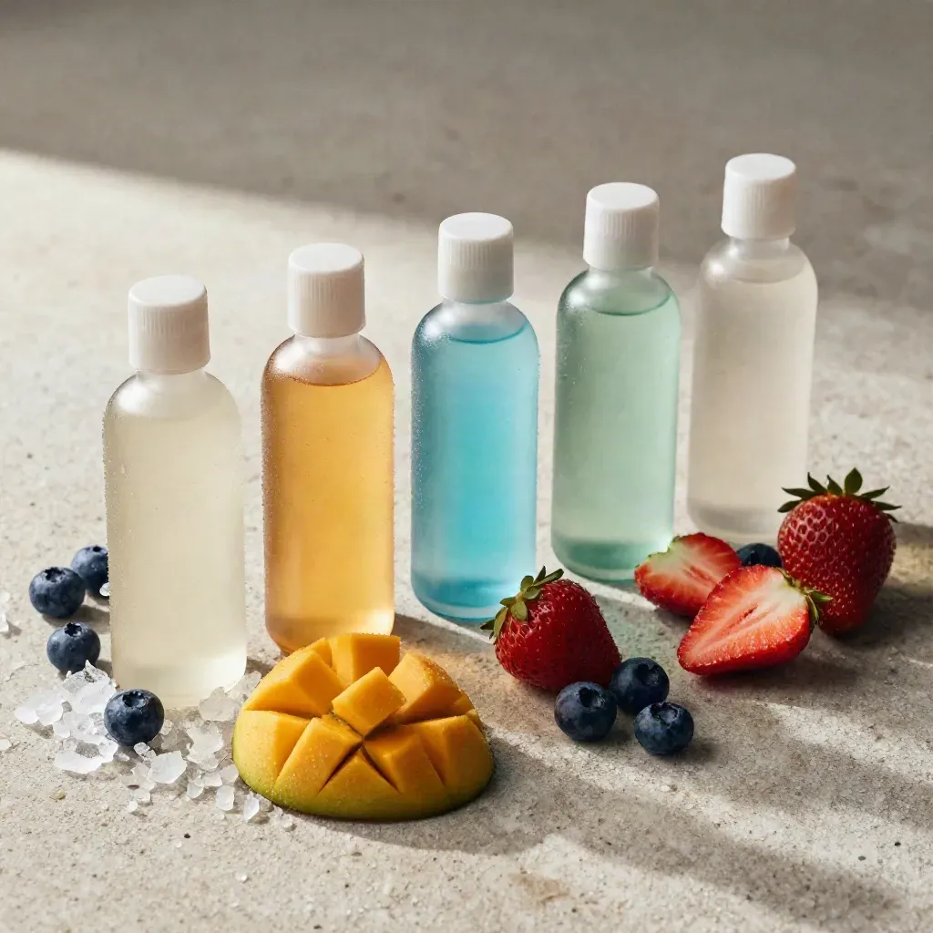 Top-down fruit flavor lineup with bottles, mango, strawberries, blueberries, crushed ice, and mist.