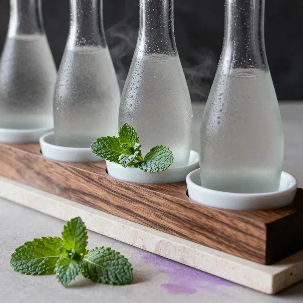 Frosted mint leaves and chilled bottles on a white dish with cold haze and a purple tint.