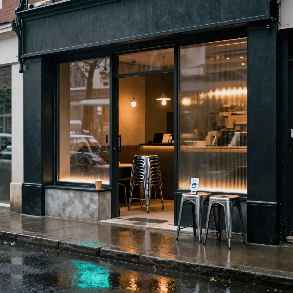 Rainy vape lounge entrance glowing at dusk, stools stacked by the door and cyan reflections on wet pavement.