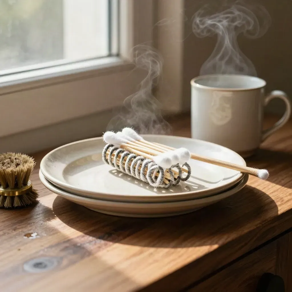 Ceramic coil-cleaning dish, coil heads, swabs, brass brush, and steam mug on a sunlit sideboard.