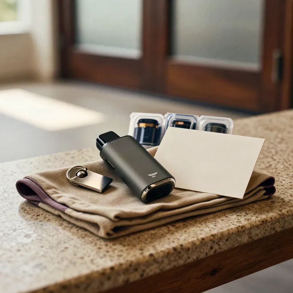 Opened vape starter bundle with pod device, key tag, welcome card, and folded cloth on travertine.