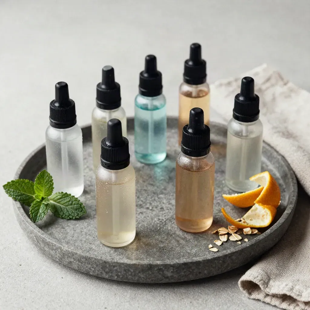 Five vape flavor bottles on a stone tray with citrus peel, mint, and folded linen